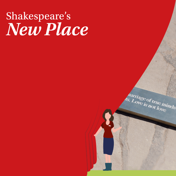 A figure draws aside a curtain to reveal one of the sonnet ribbons with the first two lines of sonnet 116.