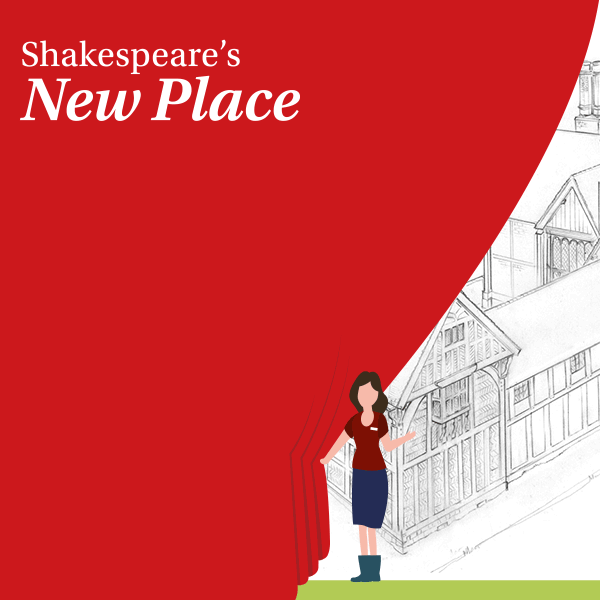 A figure draws aside a curtain to reveal an architectural drawing of New Place as it once was.