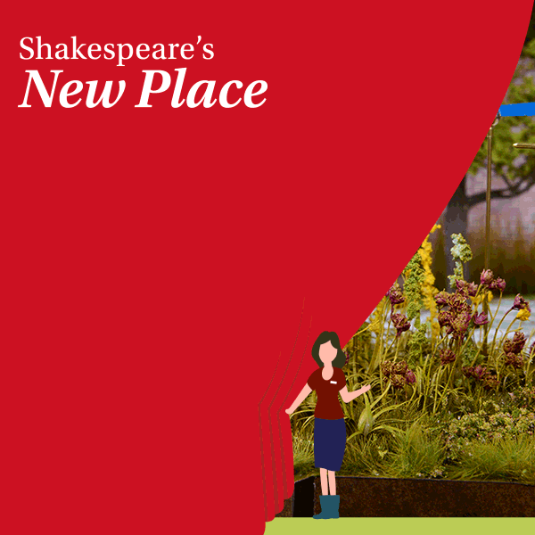 A figure draws aside a curtain to reveal some tall golden flowers. Three golden spheres on shafts, with coloured banners attached, are also in the photograph.