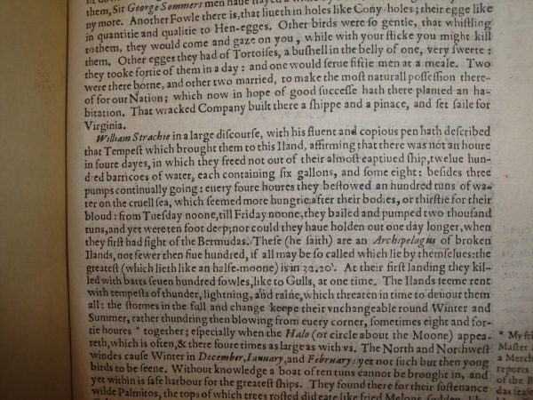 Passage which mentions William Strachey's account of the tempest and shipwreck.