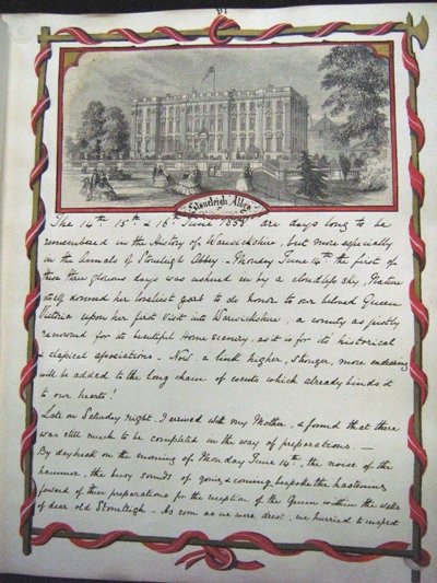 Journal of Georgina Leigh, introduction to the journal with a cutting of an engraving of Stoneleigh and a hand-painted border (Archive Ref: DR671/381)