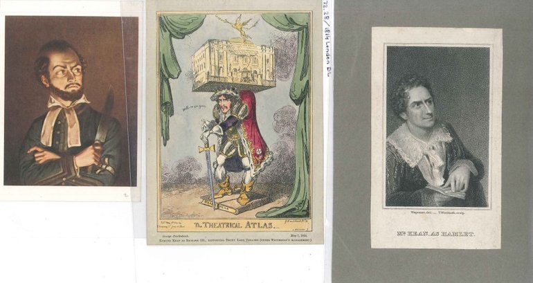 Edmund Kean as Shylock, Richard III (carrying the Drury Lane Theatre) and Hamlet in 1814. From the picture collection.