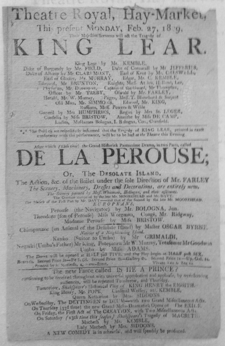 King Lear Playbill 1809 — Haymarket