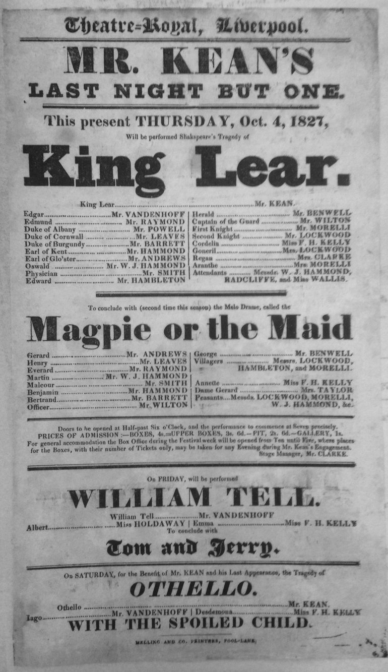 King Lear Playbill 1827 — Liverpool