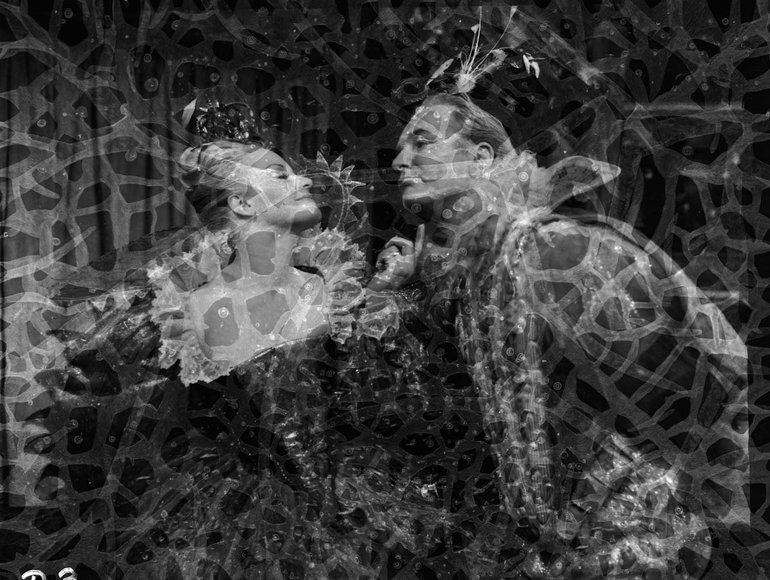 Titania and Oberon in clothing with a random pattern which merges into the backdrop of similar material. Oberon is leaning forward as if to kiss Titania, who is looking up at him with disdain; the index finger of her left hand is pointing up under his chin.