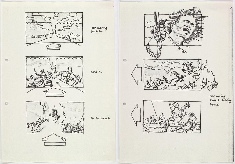 Storyboard for for the Renaissance Films production of 'Henry V', showing Henry's speech at Harfleur: "Once more unto the breach, dear friends, once more".