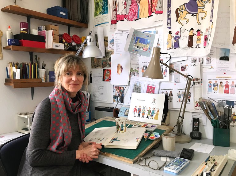 Alison Gardiner with her sketch books for her new Shakespeare Character range
