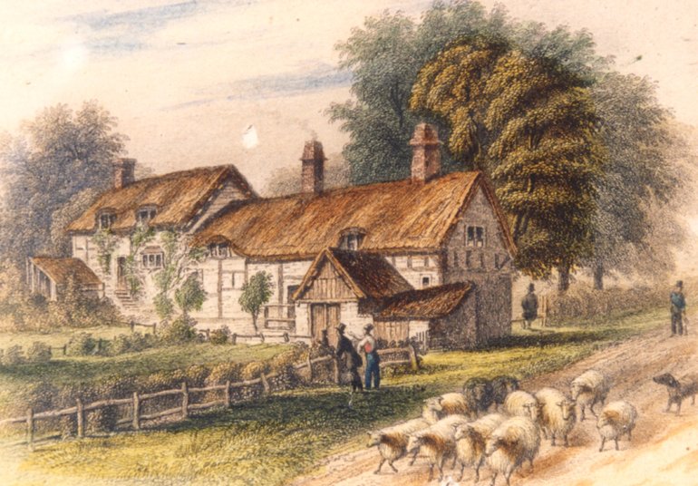 An illustration of c.1847 showing the white cottage, the far section higher than the rest, with thatched roof through which dormer windows are punctured. There is an outbuilding, gabled roof with a lower shed with a sloping roof attached to it, in front of the cottage near the road. On the road sheep are passing.