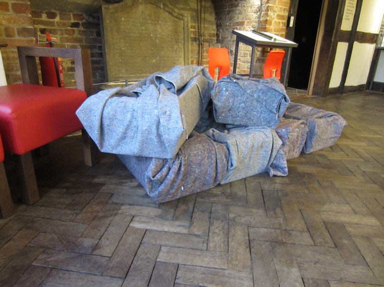 The boxes all wrapped up in blankets for the journey