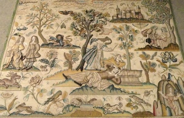 Raised work panel, with central story of ‘Pyramus & Thisbe’ – English, mid 17th century