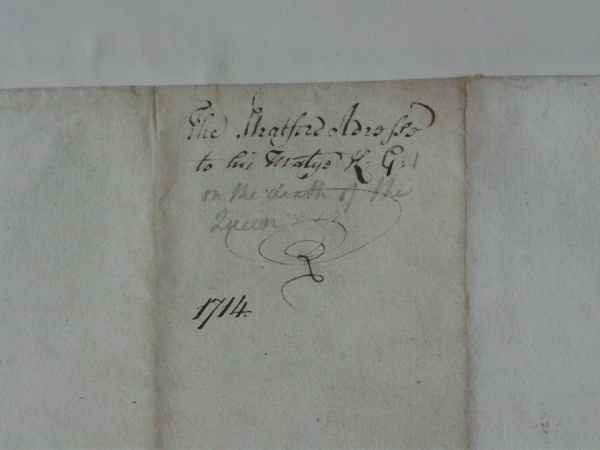 BRU15/15/17 The Address of the Mayor and Corporation of Stratford to George I. on the death of the Queen, 1714