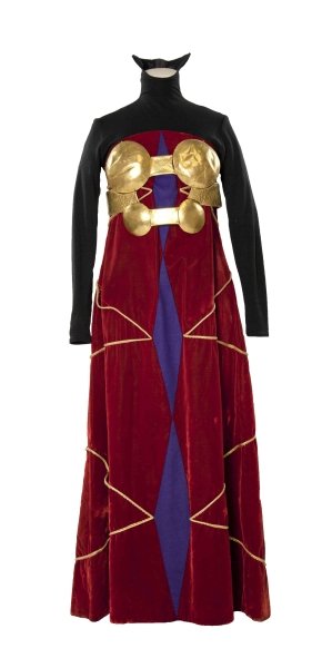 Costume for Goneril, with gold leather circular breast plates added to the bodice © SBT/RSC