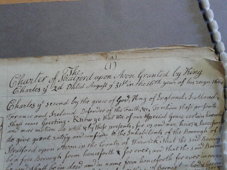Handwritten copy, by John Jordan, of a charter granted by King Charles II to the Borough of Stratford upon Avon from 1664 (ER3/2429)