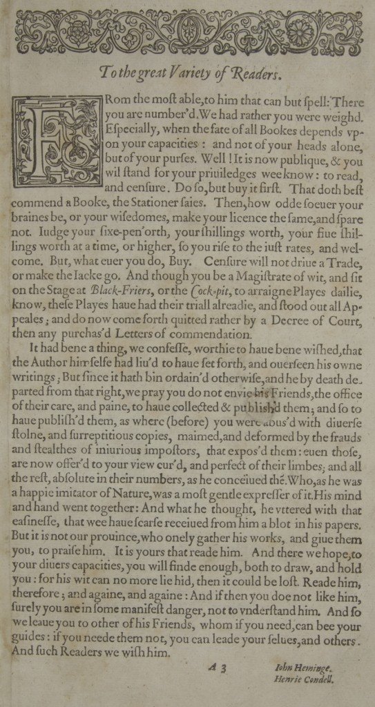 To the great variety of Readers... from the Ashburnham First Folio, 1623. The page has a decorative band at the head, and a decorated first letter the size of seven lines of the text.