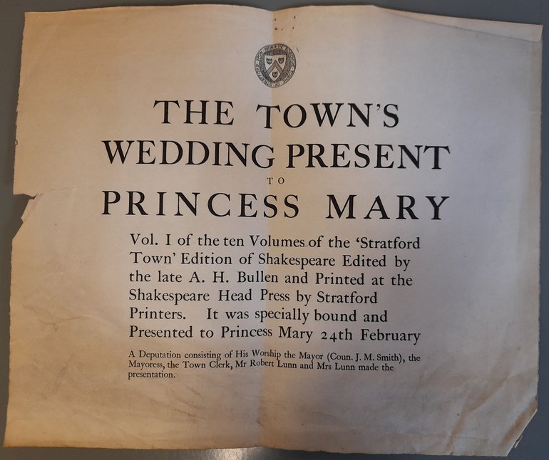 A bulletin printed by the Shakespeare Head Press announcing the presentment of the wedding gift to Princess Mary (24th February 1922).