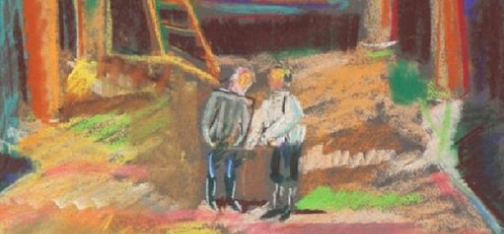 A painting of the rehearsal, with two characters at the front of the stage, which is depicted by patches of strokes of different colours. It is very Impressionistic.