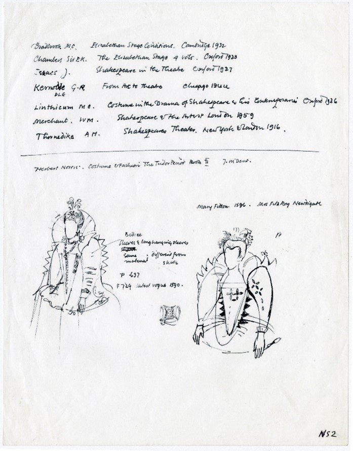 Notes and a sketch of Olivia from Twelfth Night in black ink on a piece of white paper, from the development of the William Shakespeare £20 Bank Note.