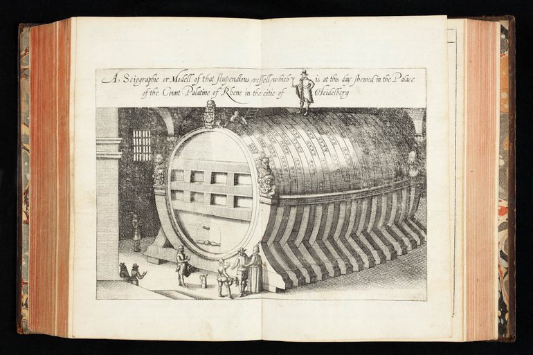 Coryat in Heidelburg, pictured stood on top of a monumental barrel.