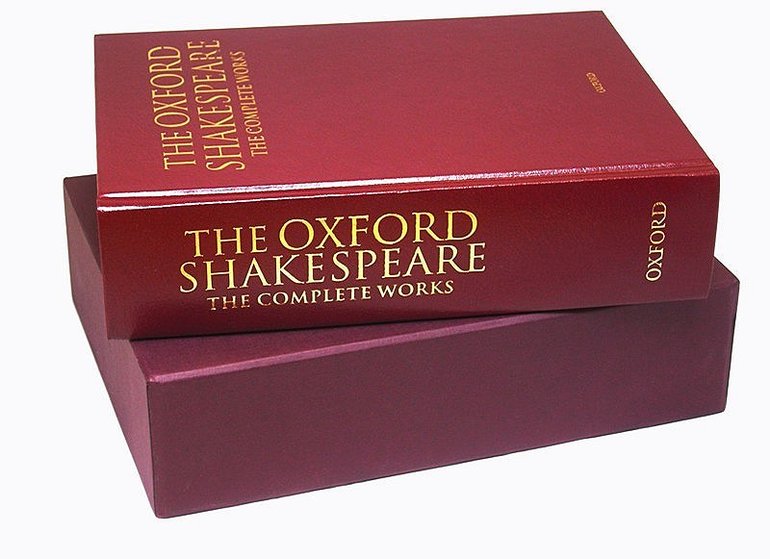 The red-bound, red-boxed Oxford Shakespeare: the Complete Works of Shakespeare.