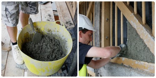 Conservation Nash's House: two pictures, one of a bucket of "daub", the other of a workman fitting it to the wooden frame.