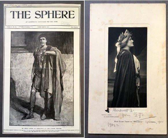 Two images from "The Sphere", showing Irving wearing Roman costume with a toga bunched over his left hand, and Terry  in a dark robe and a pointed headdress. Beneath is a dedication to Margaret A signed E T, and dated 1901.