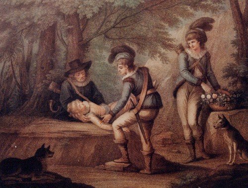 Cymbeline, The Supposed Death of Imogen, 1792. A young man and an older man place the "body" of Innogen on a bed; another young man sits on a rock, watching. Both young men wear tunic and tights, and hats with large feathers; the older man wears black.
