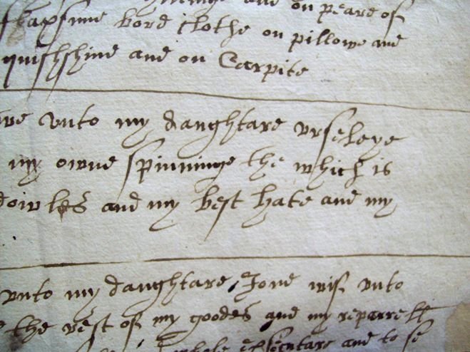 Detail from the will of Ursula Loode, leaving her 'best Hate' to her daughter.
