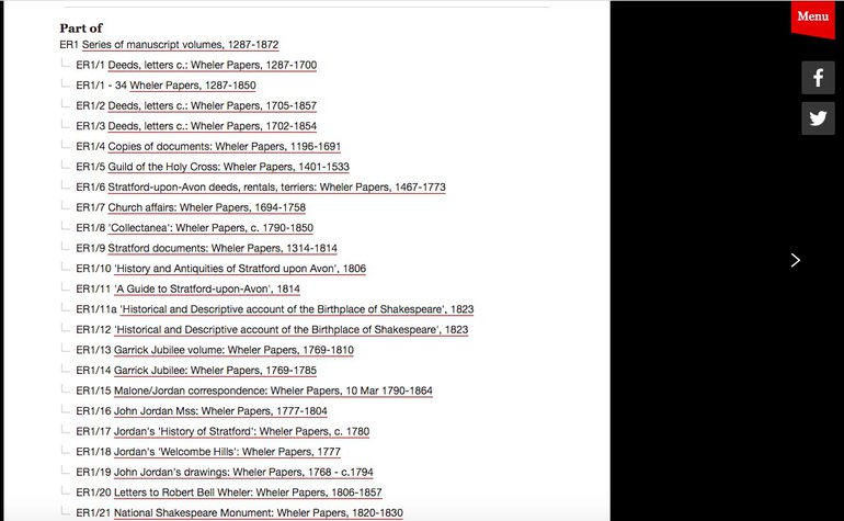 ER1 catalogue list shows the structure and contents of this collection