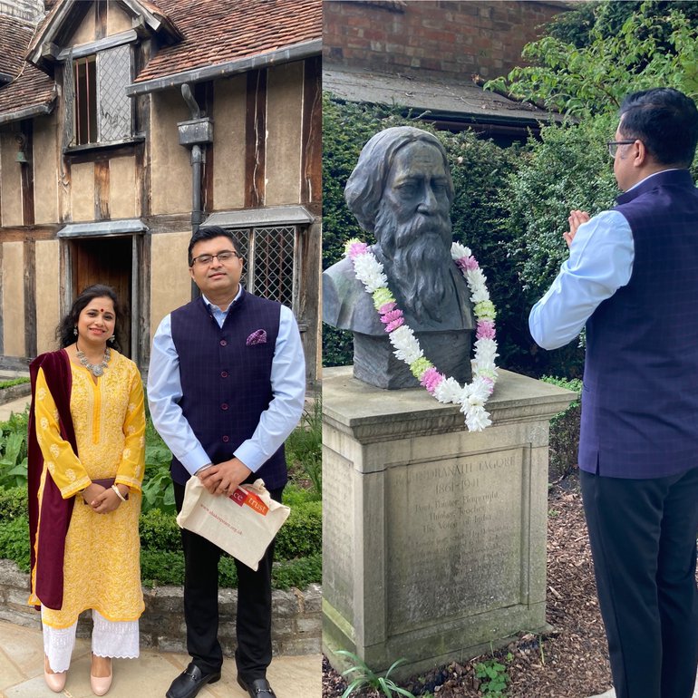 Indian Consul General at the bust of Rabindranath Tagore in the garden of Shakespeare's Birthplace.