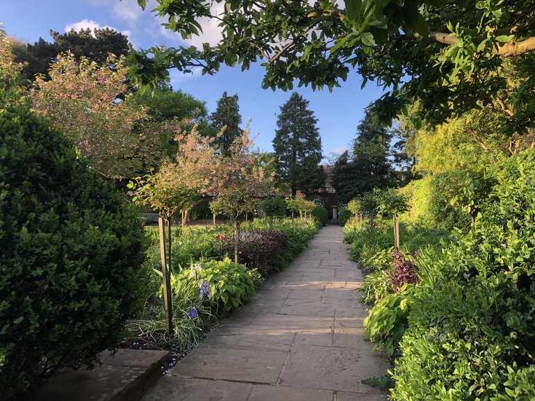 A stone path leads to some tall dark trees. The path is flanked by shrubs in various shades of green, with tall standard roses on the left. There is a large dark green shrub on the immediate left.
