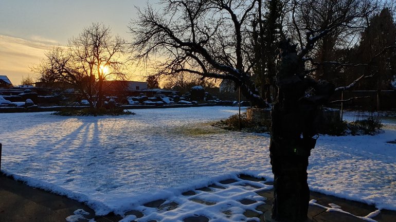 The sun setting over a snowy New Place garden.