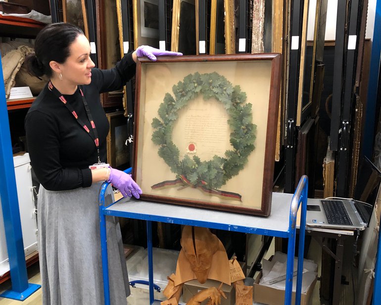 Helen Hopkins with a German wreath