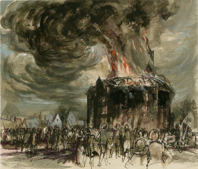 Globe theatre fire. An impressionistic drawing, with a crowd milling around outside the theatre from which flames and a huge swirl of smoke are rising.