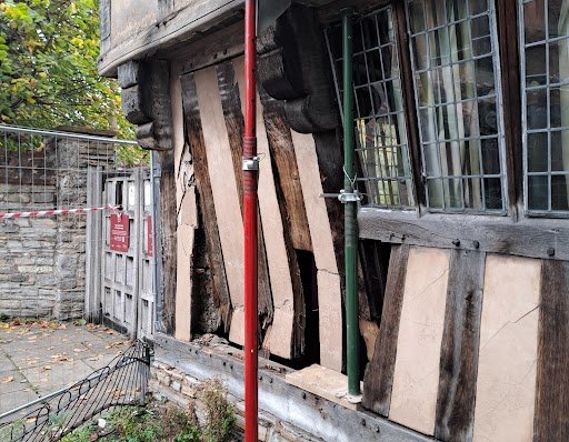 Image showing the frontage of Hall's Croft after damage was sustained following a vehicle reversing into it