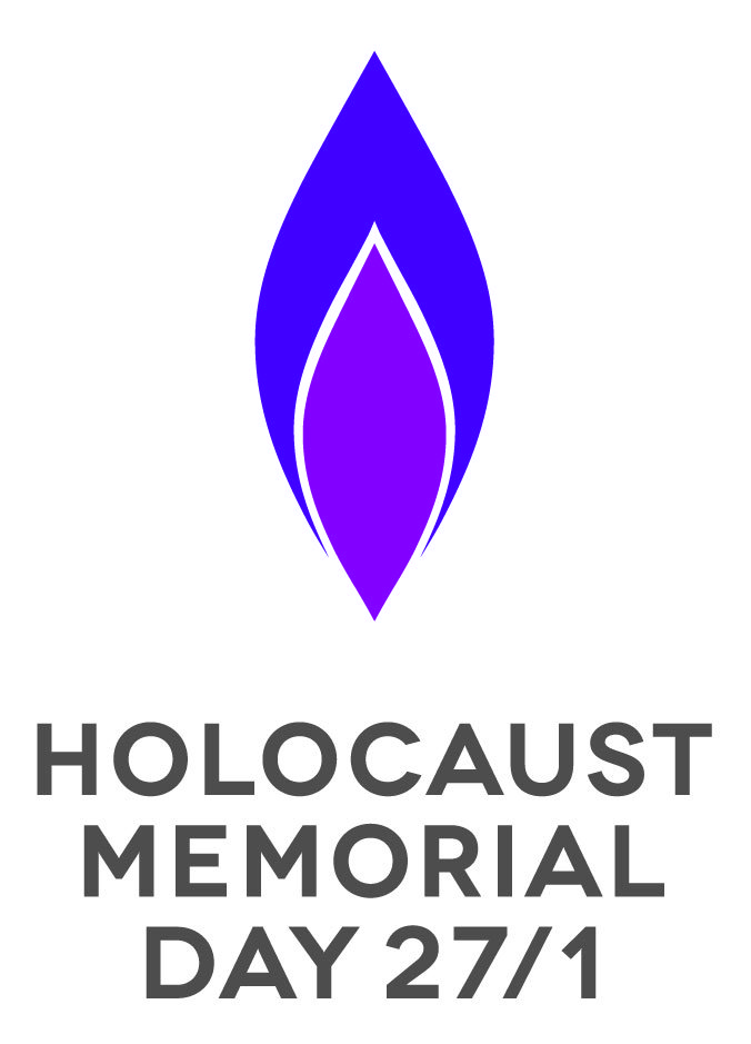 The Holocaust Memorial Day logo, a purple flame above the words 'Holocaust Memorial Day 27/1'.
