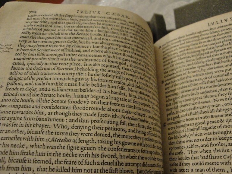 Page taken from Plutarch’s Lives of the noble Grecians and Romanes. The page photographed shows an extract of Julius Caesar's murder.