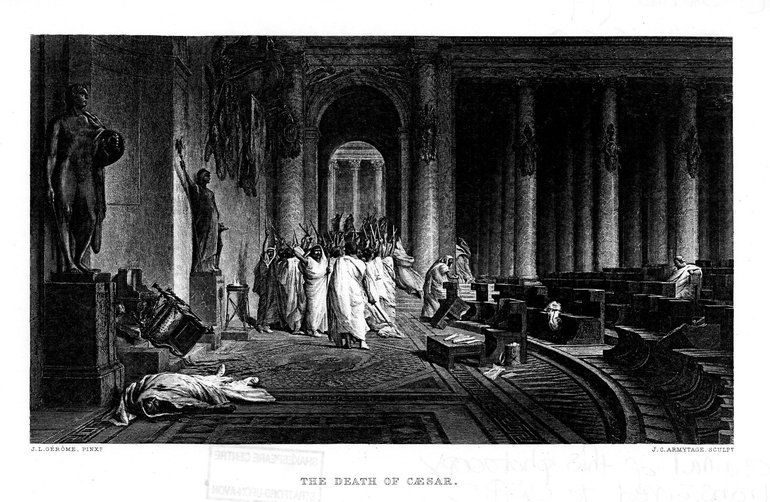 In a setting of classical pillars, a group of men in togas with raised daggers are crowding around someone in the middle distance. Two figures on the right of them cower away, while in the foreground there is a dead body in a toga.