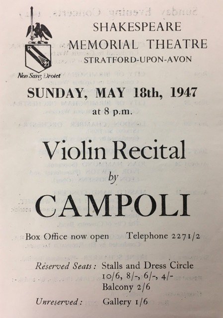 The front cover of Miriam Arden's flyer for Campoli Recital. In the top left is Shakespeare's coat of arms, next to the name of the Shakespeare Memorial Theatre. The flier appears to be printed on thin paper stock with the text on the reverse visible from the front.