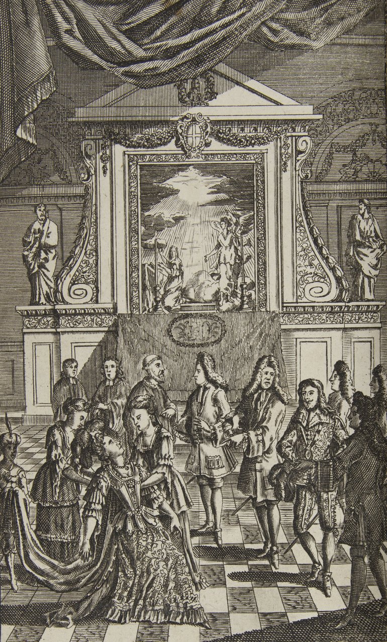 In front of an ornate monument Hero faints into the arms of Beatrice, a  group of men stand around them, with expressions of shock, while in the centre behind the ladies two men are clearly having a confrontation. All are in eighteenth-century clothing.