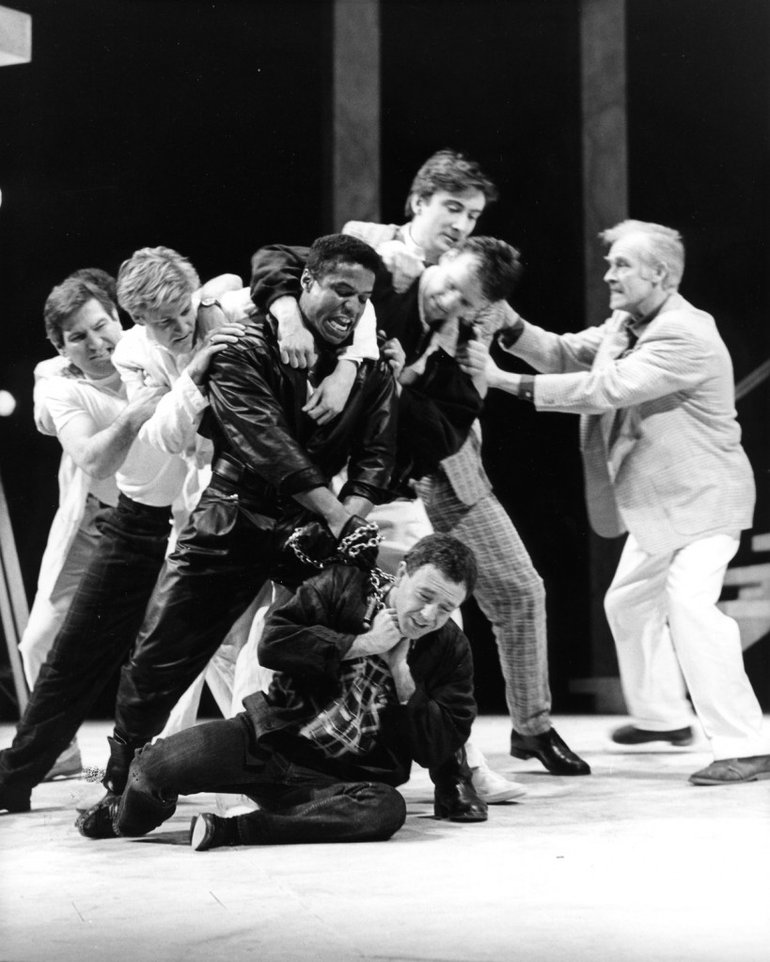 The fight between Tybalt (Hugh Quarshie) and Mercutio (Michael Kitchen) in Act 3 scene 1.