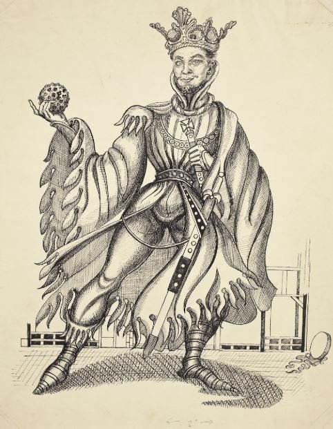 Michael Redgrave as Richard II. Facing us but leaning to his left, the drawn figure has a striped doublet with a very narrow waist, a gown with  very wide, flowing, scalloped sleeves, and a crown. He wears a sword, holds a sceptre, and an orb.