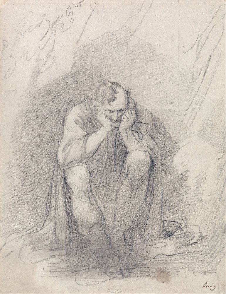 Richard Cosway, 1805. A pencil sketch, Timon sits with his head in his hands and his elbows resting on his knees, in front of a lightly-sketched cave. He wears a cloak, but his legs are bare, and the left side of his head is bald.