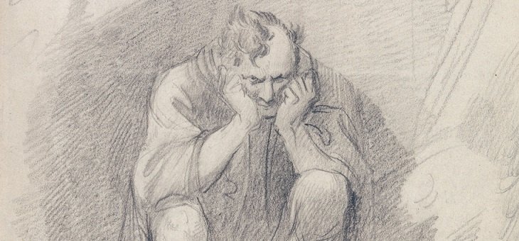A pencil sketch, Timon sits with his head in his hands and his elbows resting on his knees, in front of a lightly-sketched cave. He wears a cloak, but his legs are bare, and the left side of his head is bald.