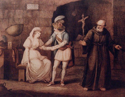 Romeo and Juliet Engraving by J. J. Vandenburgh of Henry William Bunbury's watercolour painting. In a stone cell, Juliet in a long white dress and with a white head-covering, sits on a bench. Romeo in a grey doublet and white short hose, wearing a hat with a feather, holds her left hand as the look at each other. On the right the friar, with his back to them, is making a dismissive gesture with his right hand.