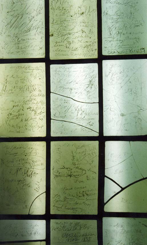 A window panel from Shakespeare's Birthplace that has been signed by some its visitors.