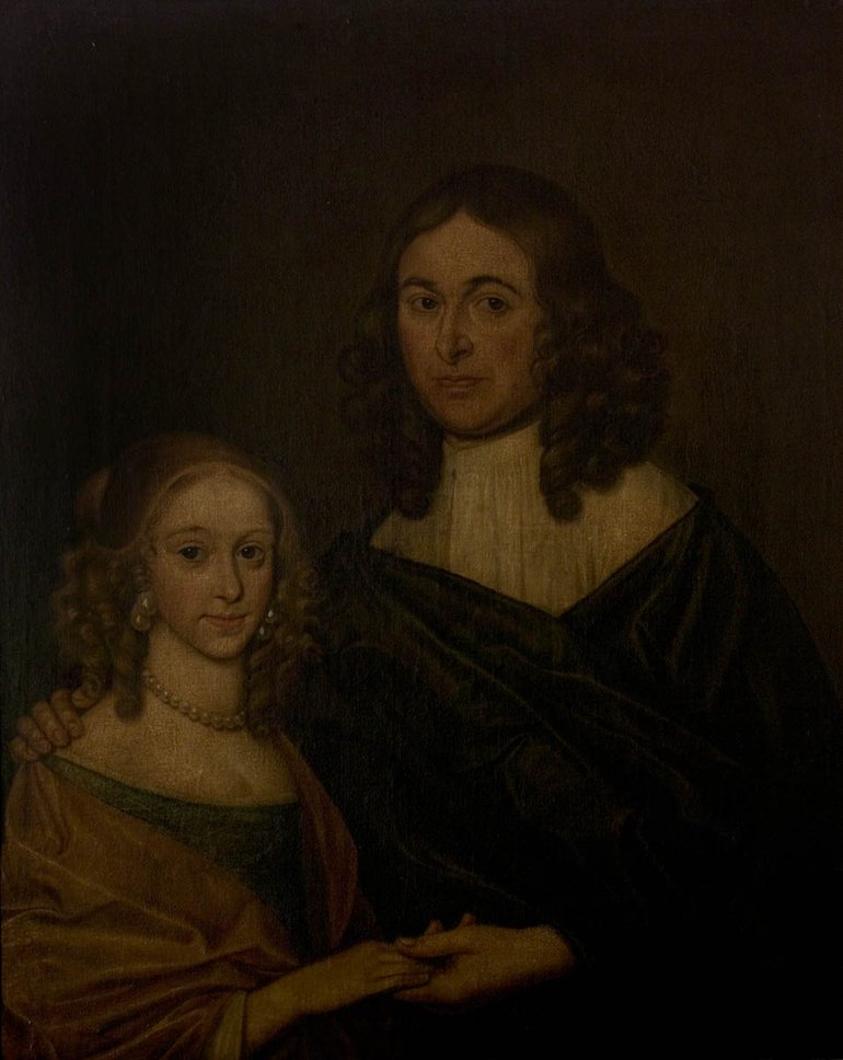 The whole painting is dark brown, and only the faces really stand out. Both figures have expressionless faces, and shoulder-length hair in ringlets.