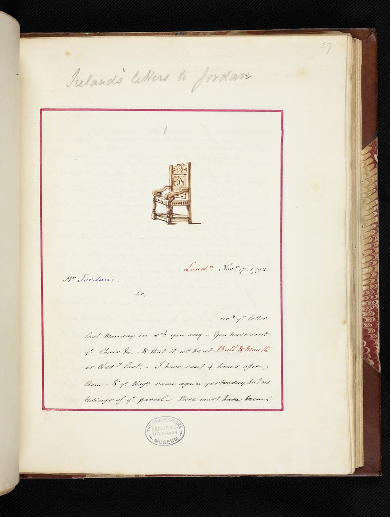 At the head of the letter (which is mounted in a book) is a small but detailed drawing of the chair, showing some of the carving on the back. The letter is addressed to "Mr Jordan", but the text here is too small to read.