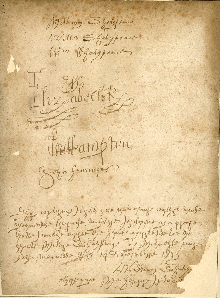 ER38 - A page of examples of forgeries of the signatures of Shakespeare, Queen Elizabeth I, the Earl of Southampton and John Heminges by William Henry Ireland