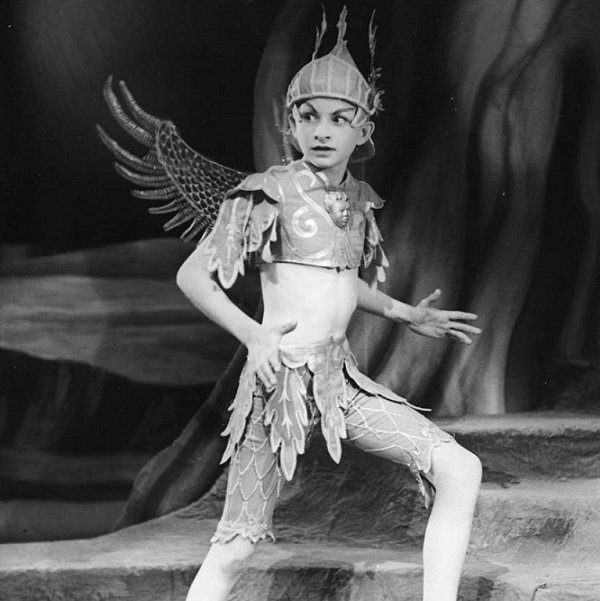 Against a forest background, Ariel in mid movement looks to his right with a wary expression. He wears a helmet, a tunic over his upper chest with leaves to his elbows and wings behind, a belt of leaves and tight fabric shorts.