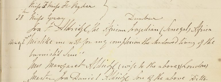 Ira Aldridge entry in the Birthplace Visitor Book 1851